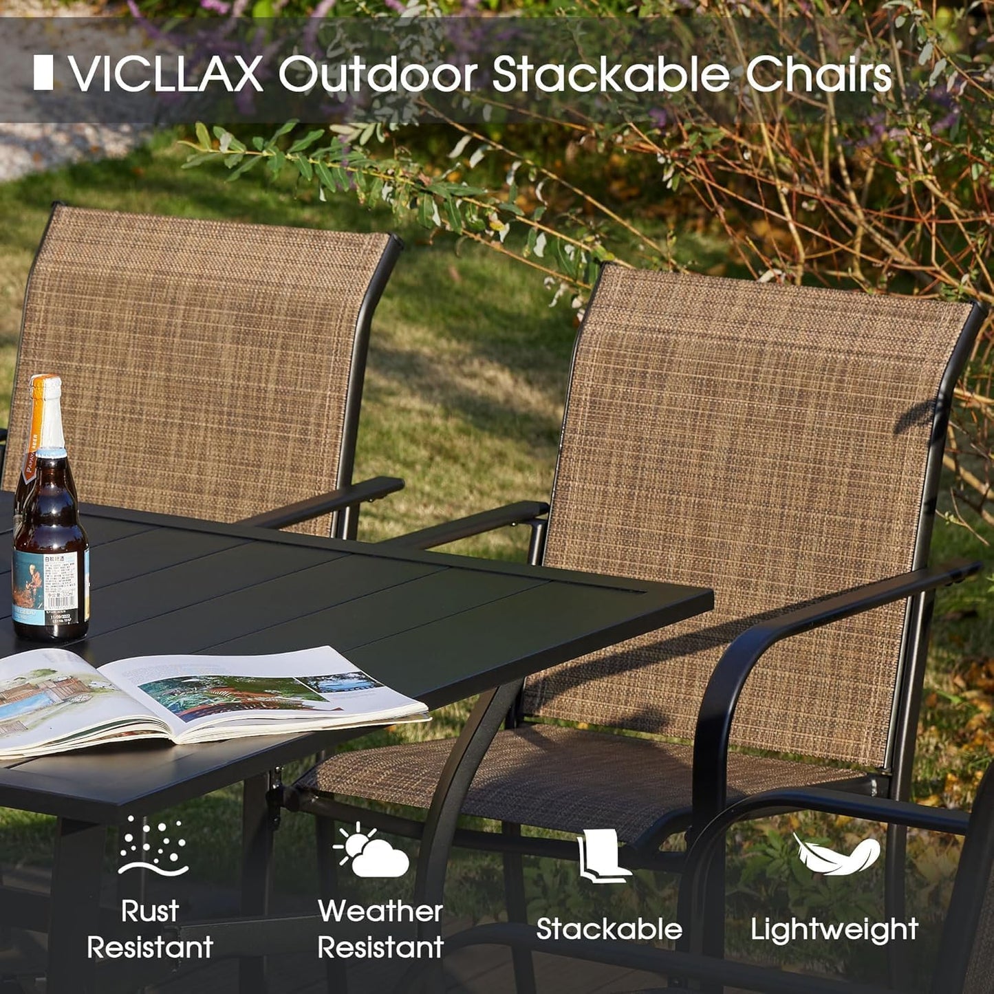 VICLLAX Patio Dining Set for 8, 9 Pieces Outdoor Furniture Set Includes 56.3" Round Patio Table and 8 Patio Stackable Chairs, Outdoor Table and Chairs for Outsides, Walnut Tabletop and Brown Fabric