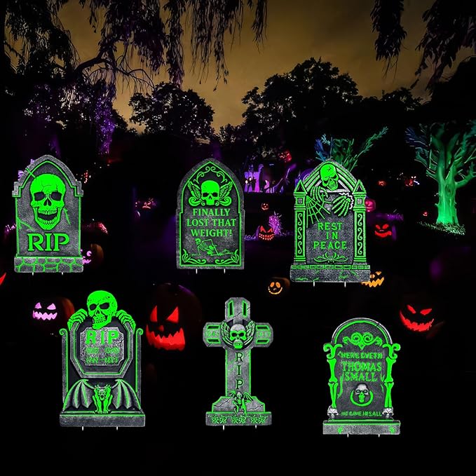 17”×10” Large Halloween Yard Decorations, 6 Pack Waterproof Glow in The Dark Tombstones, Outdoor Light Up Gravestones for Yard, Party, Home and School, Spooky Cemetery Halloween Decor