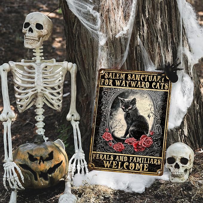 Halloween Black Cat Vintage Sign Salem Sanctuary For Wayward Cats Halloween Metal Sign for Home Bar Kitchen Hotel Dining Room Coffee 12x16inch