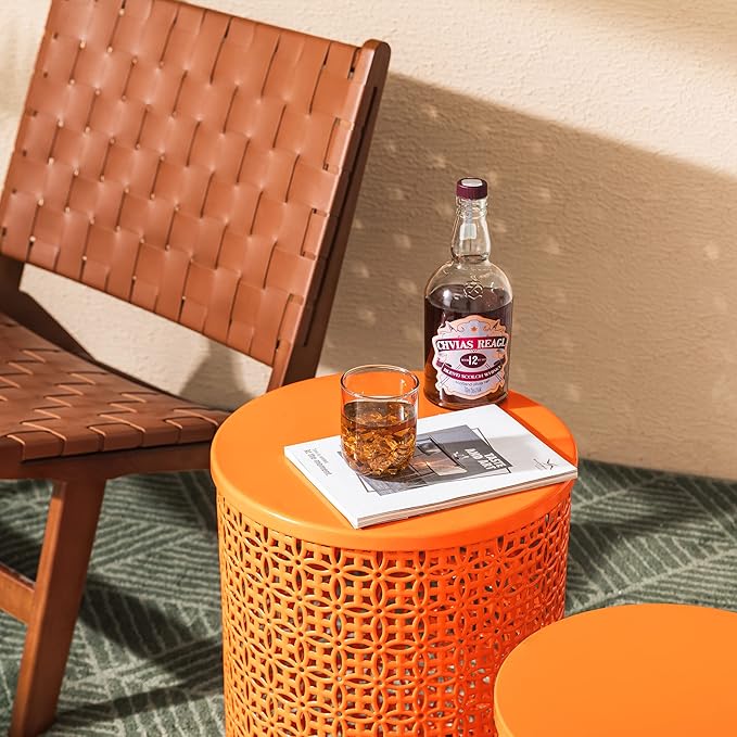 Glitzhome Outdoor Side Table Set of 2, Decorative Garden Stool for Indoor Outdoor Heavy Duty Metal Frame Accent Table Modern End Table, Glossy Orange