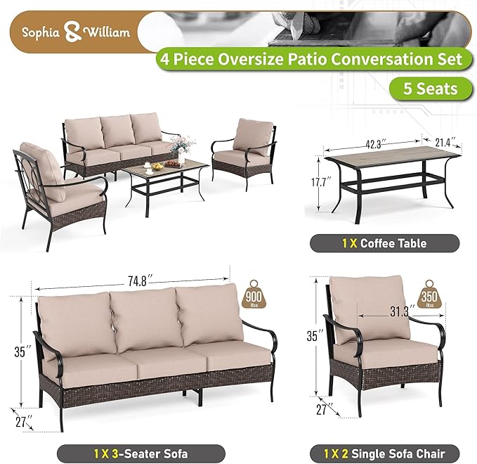 Sophia & William Metal Patio Furniture Set, 5 Seats Outdoor Conversation Set with 3-Seater Sofa, 2 Sofa Chairs, 1 Coffee Table for Seating Lawn Porch Backyard, Beige