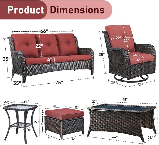 Wicker Rattan Patio Furniture Set - 7 Pieces Outdoor Couch with Swivel Chairs, Ottomans and Coffee Table for Deck, Poolside, Backyard - Brown/Red