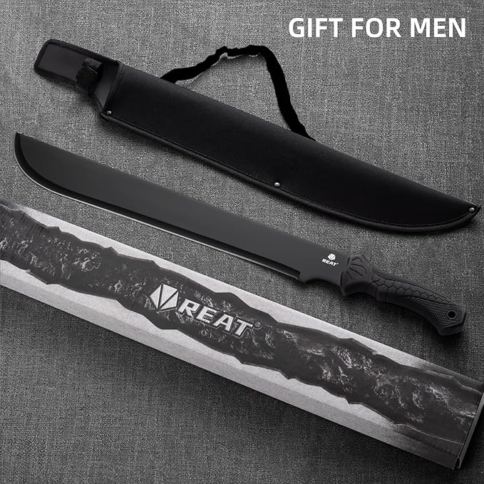 REAT Machete Heavy Duty with Sheath,24-inch Full Tang 420 Stainless Steel Blade,Non-silp Rubber Handle for Yard Work, Cutting Trees,Camping,Outdoor (Black)