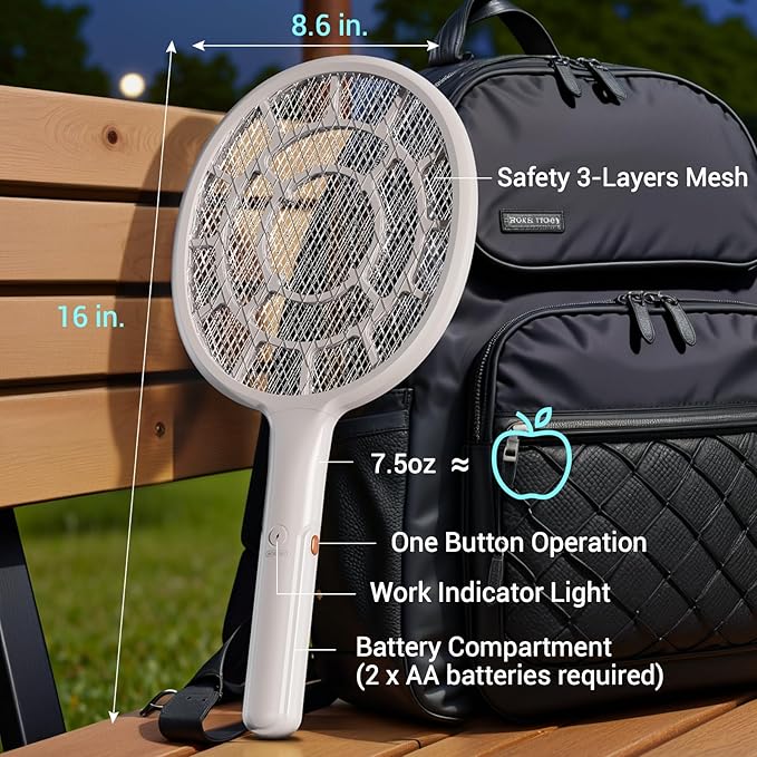Electric Fly Swatter, Bug Zapper, Mosquito Zapper Racket | Gold Zone Voltage, Densest 3 mm Mesh, Apple-Like Weight - AA Battery Powered (not incl.) - Indoor & Outdoor, Pro Swat Tips, 2 Packs