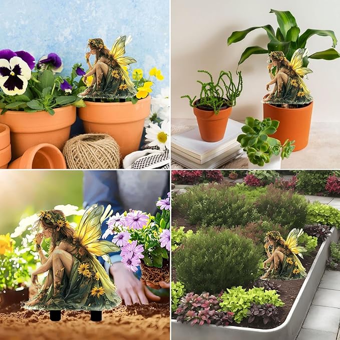 Fairy Garden Stake Decor, 2D Flat Acrylic Fairy Garden Decor Panel, Elf Yard Sign for Outdoor Indoor Yard Lawn Plants Pots, Fairy Yard Accessories (Green Fairy)