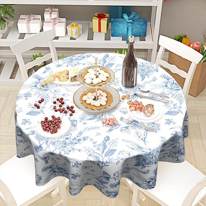 Giwawa Chinoiserie Floral Round Tablecloth 60 Inch,Traditional Blue White Birds Flowers Reusable Washable Polyester Table Cloth Cover for Holiday Picnic Dinner Table Decor