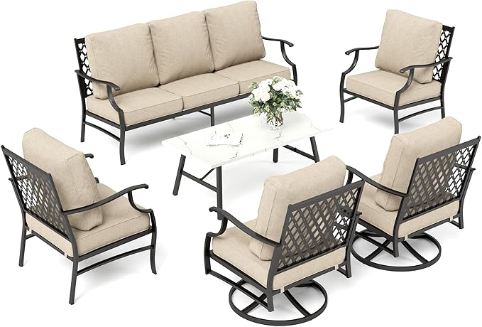 6 Piece Metal Outdoor Patio Furniture Set, Patio Conversation Sets 1 3-seater Sofa, 2 Swivel Chair, 2 Leg Chair with 5.75" Thick Cushion and Coffee Table, Backyard Furniture Set, Beige