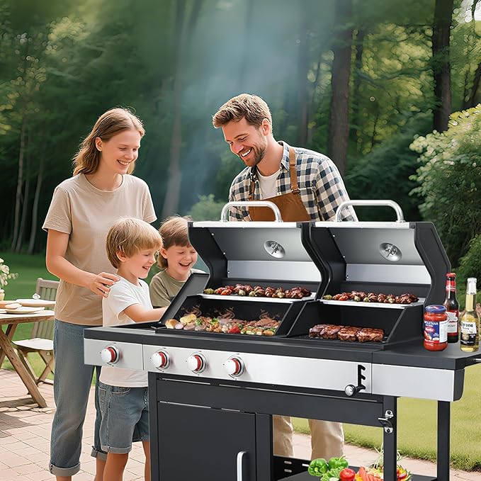 3 Burner Propane Gas BBQ Grill with Side Burner, Porcelain-Enameled Cast Iron Grates, Smoke Control Handle, 37,230 BTU Stainless Steel Grill for Outdoor Camping Barbecue Grilling Backyard Cooking