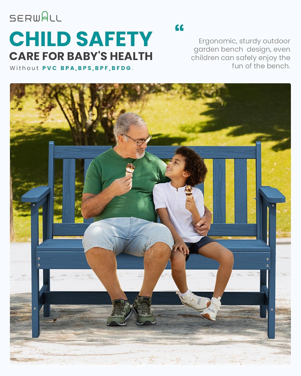 SERWALL Outdoor Bench, HDPE Outdoor Benches Weatherproof, 2-Person Garden Bench with 660 lbs Weight Capacity, Patio Benches for Outdoors, Garden, Porch, Backyard and Park, Navy, 4 Pack