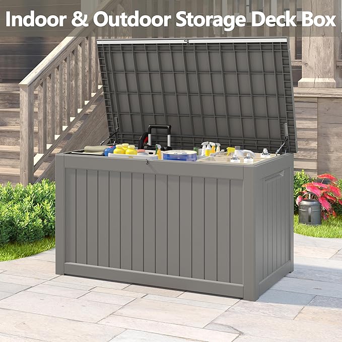Outdoor Storage Box, 230 Gallon Deck Box, Waterproof and UV Resistant Large Resin Storage Bin, Organization and Storage for Patio Furniture, Outdoor Cushions, Garden Tools, Lockable