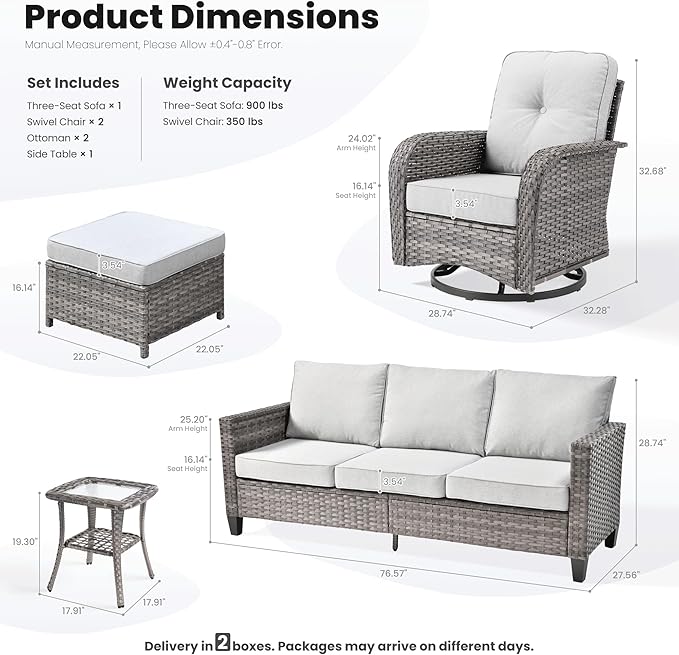ovios 6 Pieces Patio Furniture Set, Outdoor Wicker Sofa Couch with Rocking Swivel Chairs Comfy Cushions, Modern Deep Seat Rattan Conversation Sets for Porch Deck, Grey