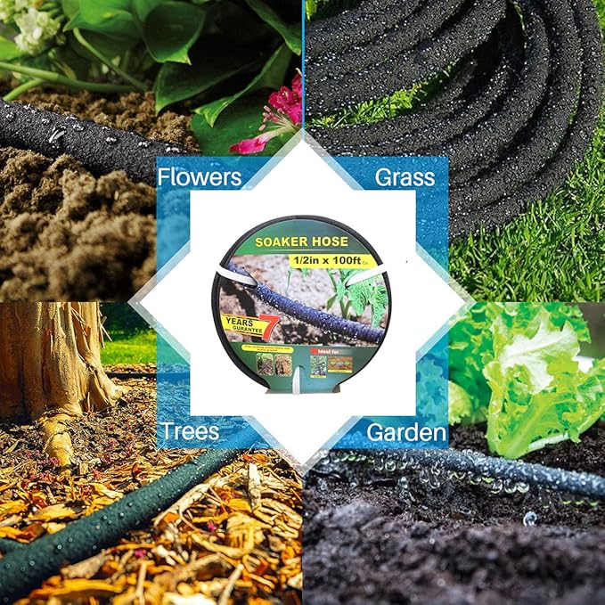 Taisia 1/2’’ Soaker Hose 100 FT Water Drip Garden Hose Drip Irrigation Hose Saves 70%Water Heavy Duty Rubber Round Soaker Hose for Garden, Lawn