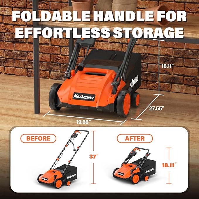 MAXLANDER Electric Dethatcher and Scarifier, 13” 12Amp 2-in-1 Lawn Dethatcher with 4-Position Depth Adjustment, 30L Removable Collection Bag, Airboost Technology Increases Lawn Health