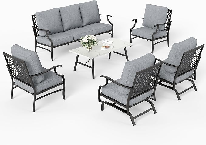 6 Piece Metal Outdoor Patio Furniture Set, Patio Conversation Set 1 3-Seater Sofa, 2 Rocking Chair, 2 Leg Chair with 5.75" Thick Cushion and Coffee Table, Backyard Furniture Set, Gray