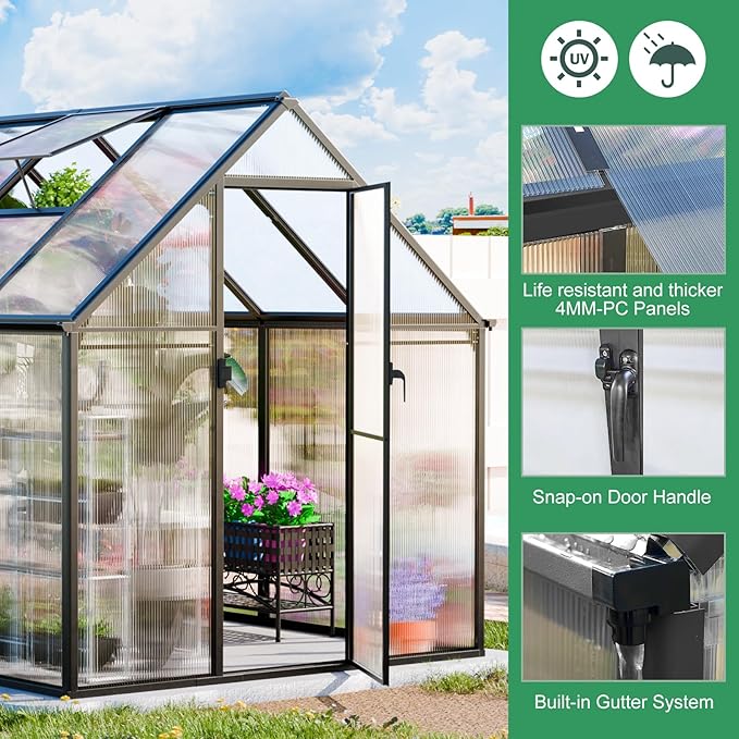 Greenhouse, 10.3x6.2 FT Upgraded Hybrid Polycarbonate Greenhouses for Outdoors w/2 Vent Windows & Swing Door Walk-in Greenhouses Aluminum Green House for Garden Backyard, Easy to Install
