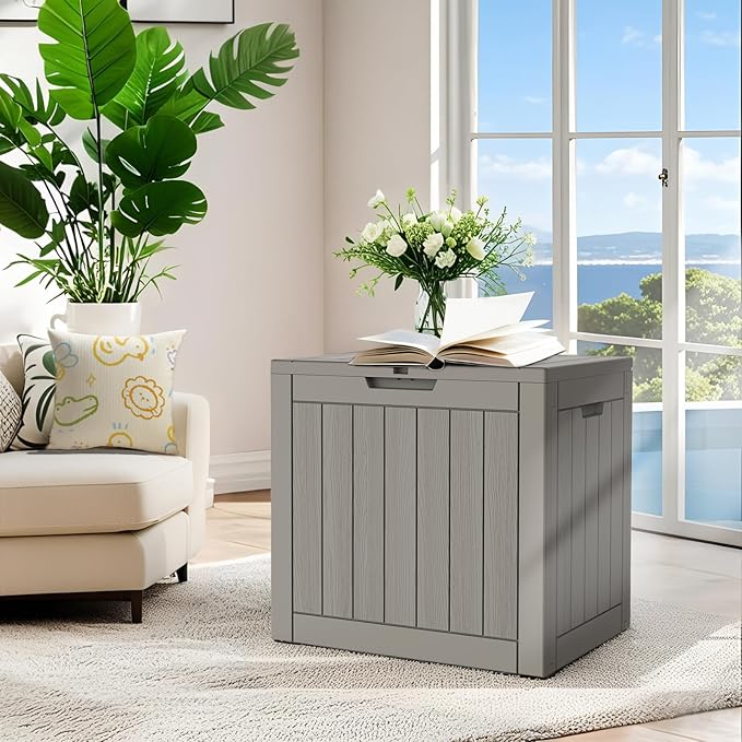 Outdoor Storage Box, 31 Gallon Waterproof Deck Box for Outdoor and Indoor, UV-Resistant Outside Storage with Lockable Lid for Patio, Pool, Garden Tools, Package Delivery, Grey