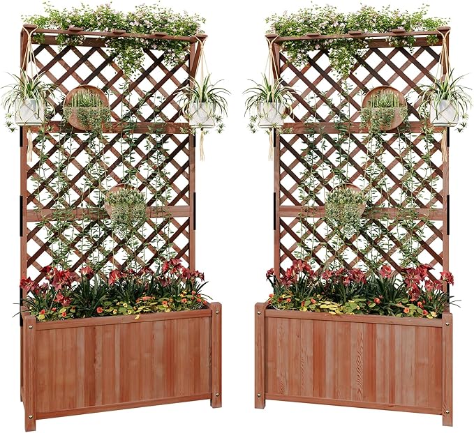 SPECRAFT 2 Pack Wood Planter with Trellis, 35.4x17.7x72 Inch Raised Garden Bed, 1.6Ft Deep Large Planter Box for Outdoor Gardening, Vegetables, and Climbing Plants