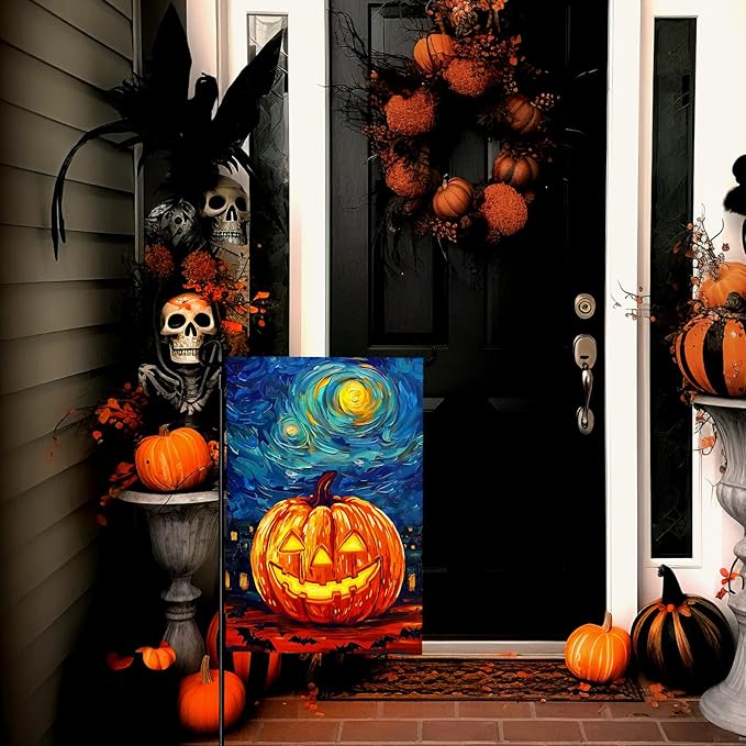 Halloween Garden Flag Pumpkin Van Gogh Arts Yard Flag Arts Starry Night Sky Moon Bat Double Sided House Banner Fall Oil Paintitng Porch Patio Lawn Farmhouse Outside Decor 12 x 18 Inch