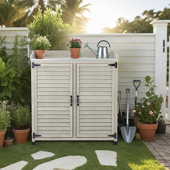 Outdoor Potting Bench with Metal Work Top,Waterproof Garden Storage Cabinet,Wooden Tool Station Shed for Backyard,Patio,Lawn Gardening