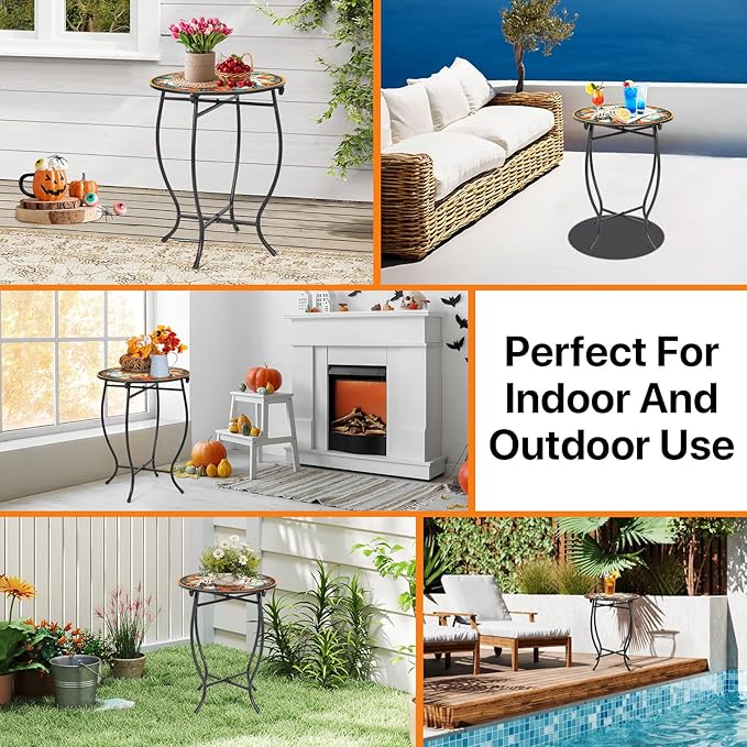 Round Side Table, Indoor Outdoor Small Side Table, Weather Resistant Metal Table for Livingroom Patio Balcony Yard Porch Garden, 17 Inch Heigh Patio Accent Table Plant Stand