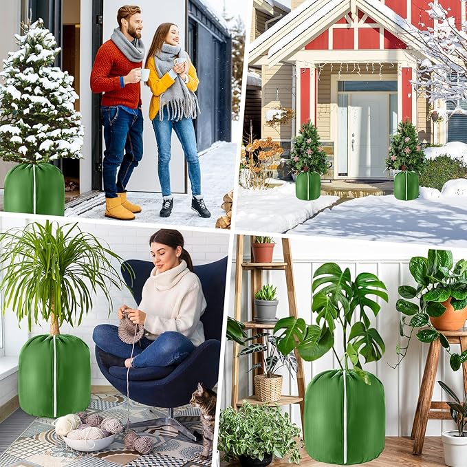 2 Pcs Plant Pot Winter Covers Protection - Potted Plant Freeze Protection Frost Jacket with Zipper Drawstring to Keep Outdoor Plants Flowers Shrubs Trees Warm (17.7" D x 19.7" H - Green)