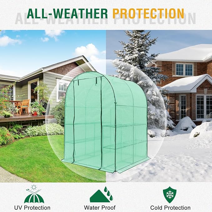 EAGLE PEAK 3-Tier Walk in Portable Greenhouse with 8 Wire Shelves, Indoor and Outdoor Garden House with Roll Up Zipper Door and Windows, Easy Set Up, 56.3"x56.3"x76.8", Clear/Green PE Cover