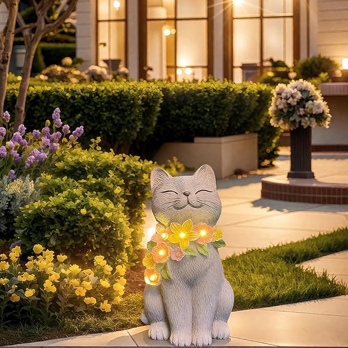 Solar Cat Garden Statue for Outdoor Decor, Cat Solar Light with Flowers, Resin Cats Figurine for Garden, Yard, Lawn Decor, Cats Lover Gifts for Women