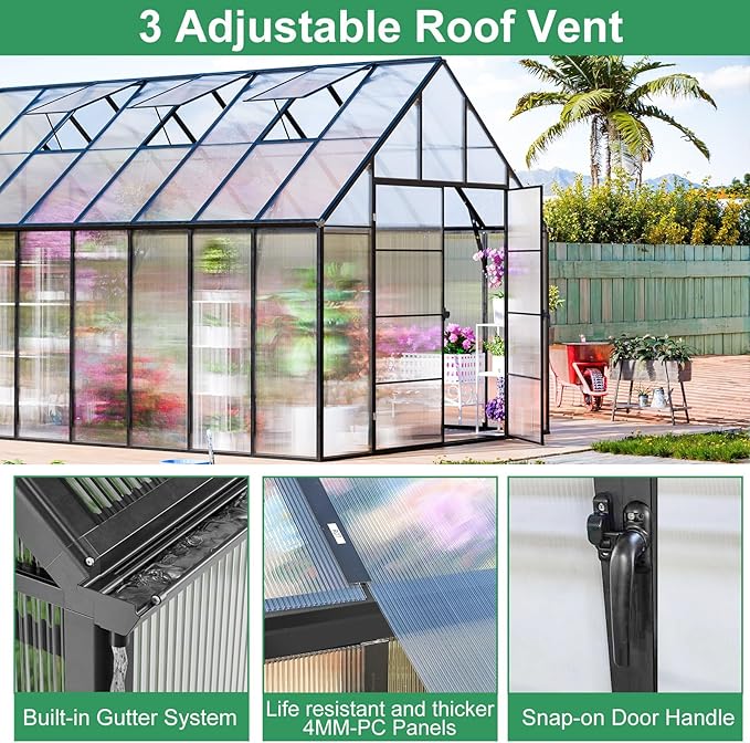 CDCASA 16.5x10.2x10 FT Greenhouse for Outdoors,Easy Assembly Large Polycarbonate Greenhouse Aluminum Greenhouses w/3 Vents Window, Swing Door, Walk-in Green House for Patio, Backyard, Garden, Black