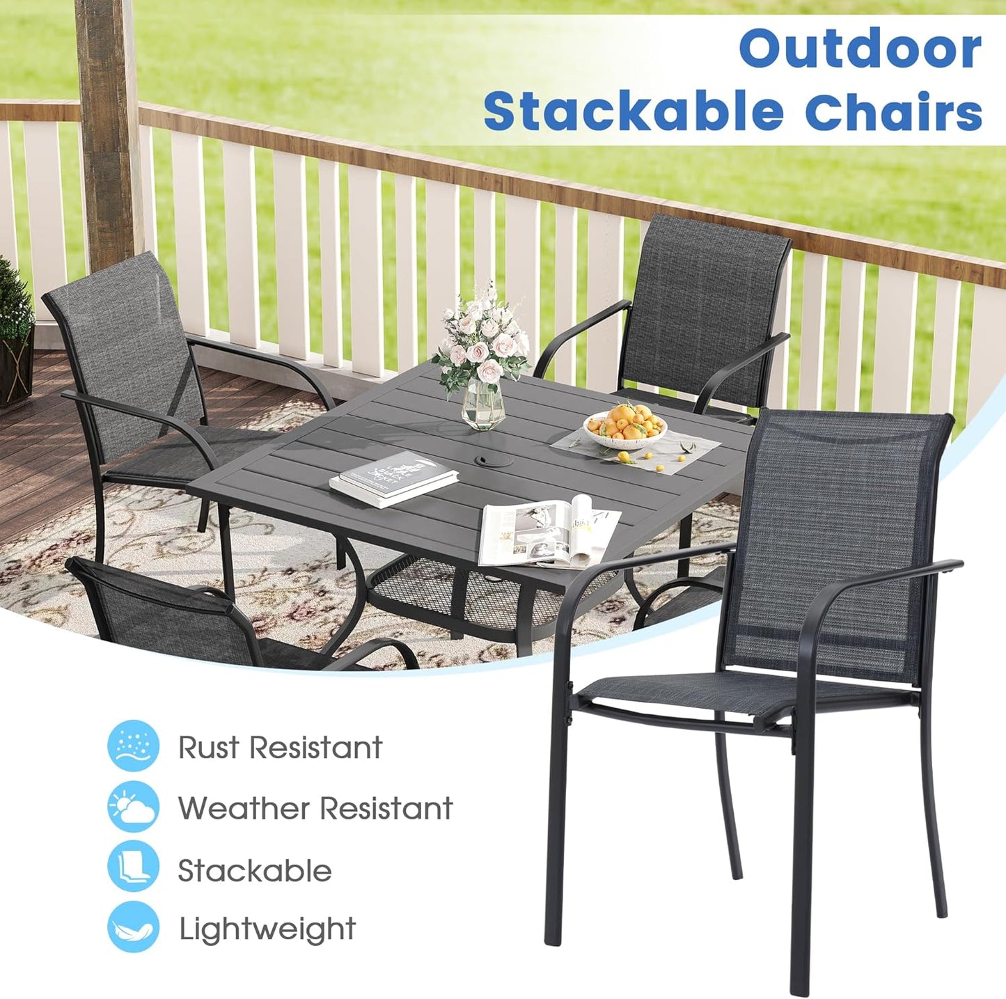 VICLLAX Patio Dining Set for 4, Outdoor Furniture Set Includes 1 Square Table and 4 Stackable Sling Chairs, Black Table and Dark Grey Chairs