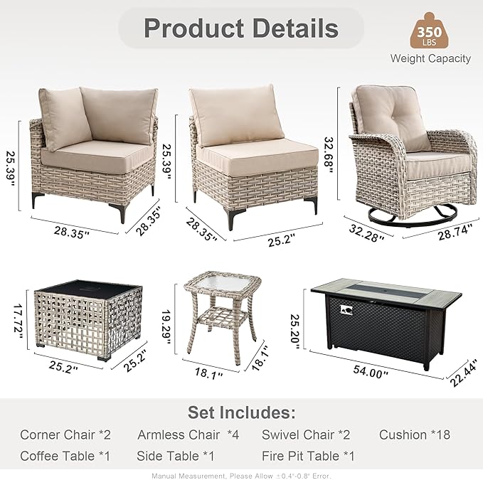 HOOOWOOO Outdoor Patio Furniture Set with Fire Pit Table,11 Pieces Wicker Out Door Sectional Furniture L Shaped Couch,Outside Patio Conversation Sets Swivel Chair,Beige