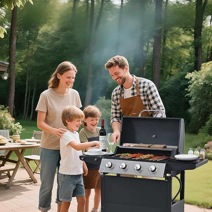 4-Burner Propane Gas BBQ Grill with Porcelain-Enameled Cast Iron Grates and 2 Foldable Side Tables, 34,000 BTU Stainless Steel Grill for Outdoor Camping Barbecue Grilling Backyard Cooking