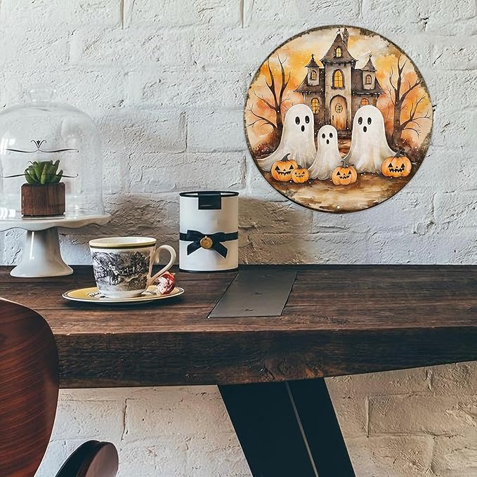 PEACHGARDEN Round Cute Ghost Halloween Vintage Sign Halloween Pumpkin Metal Tin Sign for Home Bar Kitchen Hotel Dining Room Coffee 12x12inch