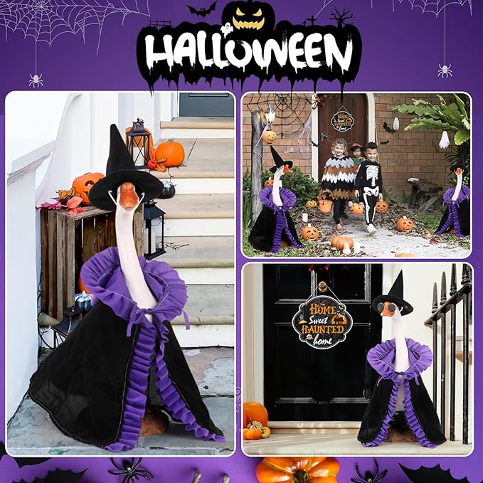 Halloween Porch Goose Outfits Witch with Accessories Yard Garden Lawn Goose Clothes for Plastic Cement Goose Statue 23" Fall Witch Porch Goose Costume Set for Patio Outdoor Decoration