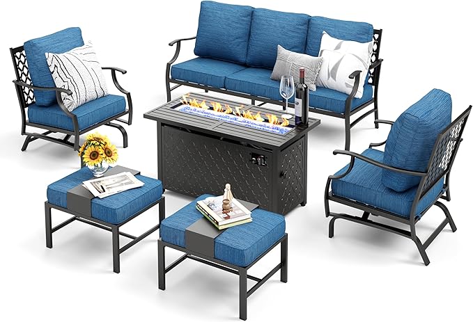 Patio Furniture Set, 6 Pcs Metal Outdoor Conversation Set, 2 Rocker Chairs, 2 Ottomans and 3 Seater Sofa with 5.75" Extra Thick Cushion and Gas Fire Pit Table, Gemstone Blue