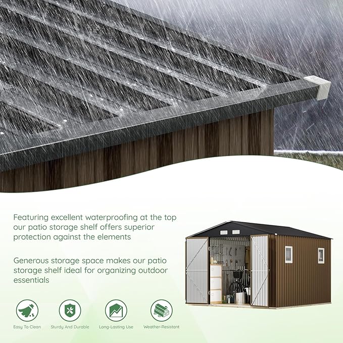 10X10X7.5 FT Outdoor Steel Storage Shed with Lockable Doors, 2 Windows, Frame Floor (No Wood/Other Boards), Ideal for Garden, Backyard, Patio Storage,Brown