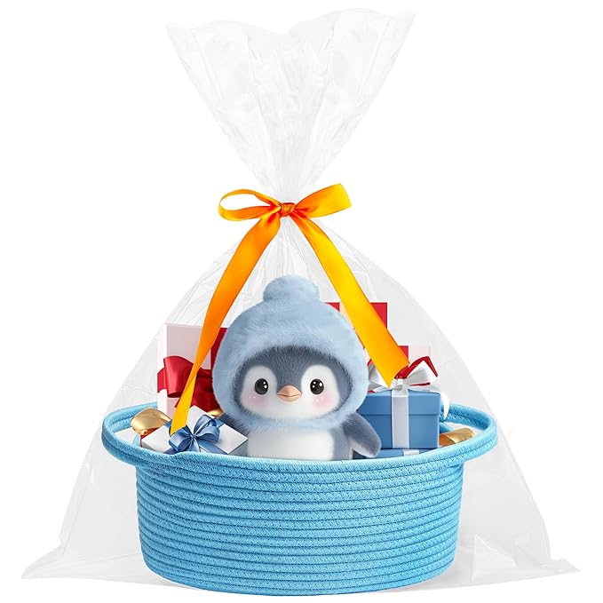 Pro Goleem Small Woven Basket with Gift Bags and Ribbons Durable Baskets for Gifts Empty Small Rope Basket for Storage 12"X 8" X 5" Baby Toy Basket with Handles, Blue