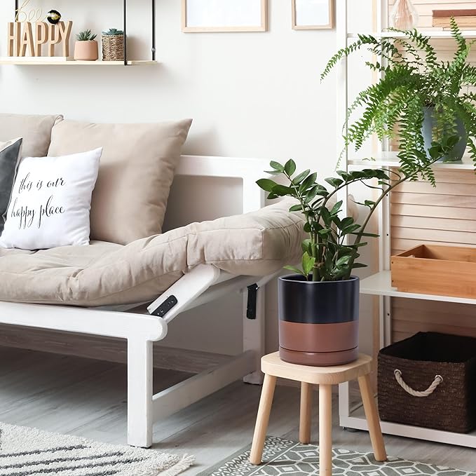 D'vine Dev 6.5 Inch & 8.2 Inch Ceramic Planter Pots for Plants with Drainage Hole and Saucer, Medium Plant Pots Set, Black/Speckled Tan, 94-G-M-7