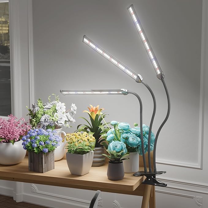 GooingTop Grow Light LED Gooseneck Lamp,Triple-Head Full Spectrum 222 LED Plant Lamp with Red Blue Light Clip-on Desk for Indoor Plants Growing,Diming & Auto Timer