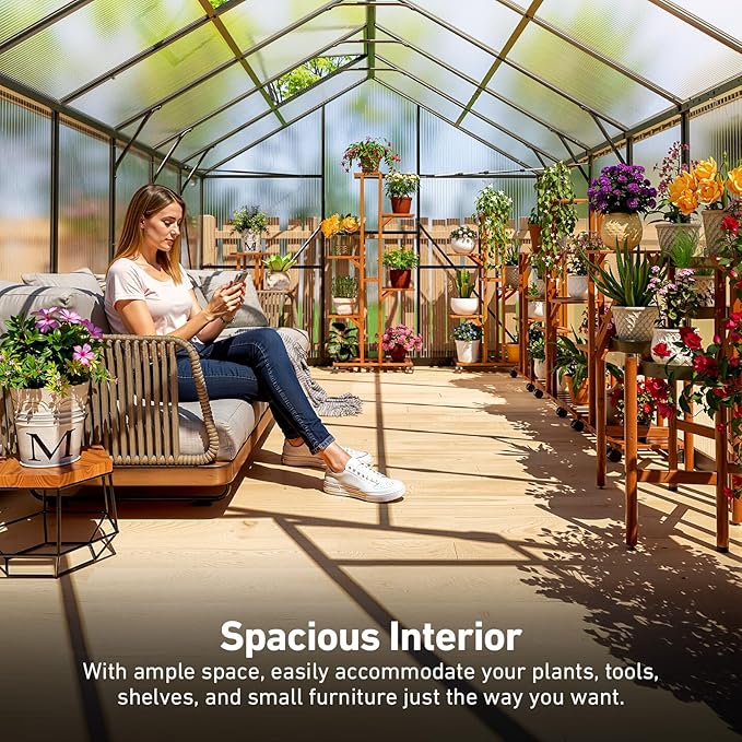 8x14FT Greenhouses for Outdoors, Polycarbonate Green House with UV Protection, Heavy Duty Greenhouse with Windproof Aluminum Frame, Roof Vent & Quick-Install Design for Backyard or Garden Use