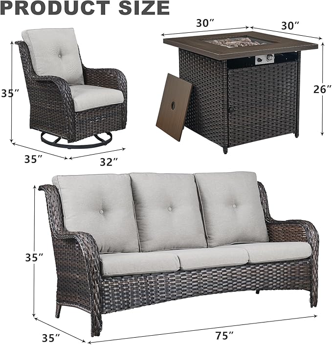 Patio Furniture 4 Piece, All-Weather PE Wicker Outdoor Furniture Set with CSA Certified 30in Propane Fire Pit Table,Outdoor Patio Furniture with Swivel Rocking Chairs