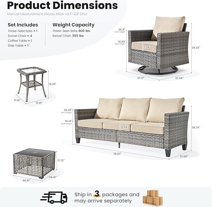 ovios 8 Pieces Patio Furniture Set with Swivel Chairs Rocking Gliders, Outdoor Sofa Couch with Solar Lights Table Comfy Cushions, Modern Deep Seat Wicker Rattan Conversation Set, Beige