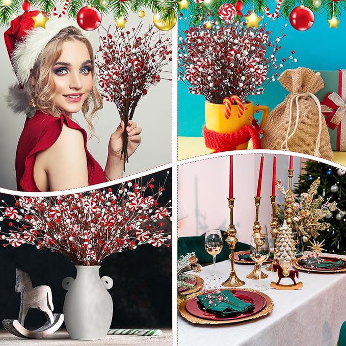 8 Pcs Christmas Candy Cane Decoration Xmas Tree Picks Ornaments, Red White Curly Pick and Spray with Artificial Berries Stem for Home Vase Filler Table Centerpiece Craft Xmas Tree Topper