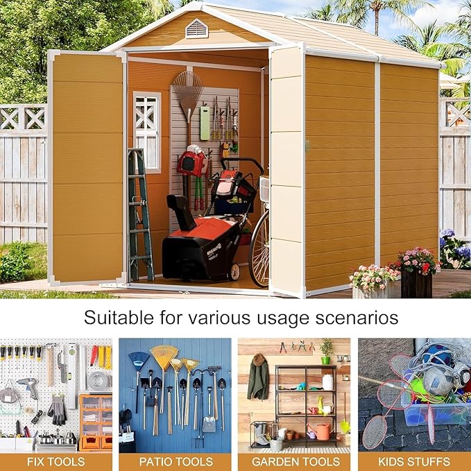 Resin Storage Shed 8 x 6 FT: Outdoor Resin Sheds with Floor, Plastic Waterproof Patio Outdoor Storage Shed with Lockable Door & Windows,Tool Sshed Storage for Garden Backyard Patio Lawn, Brown