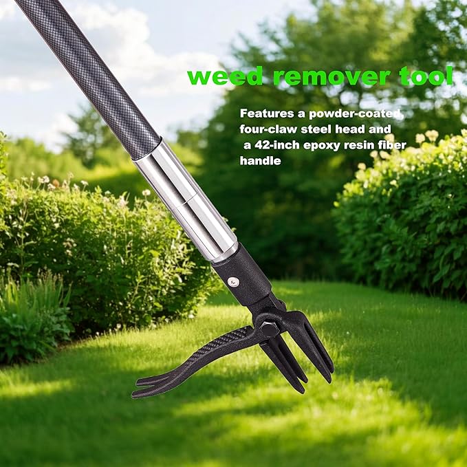 Hand Weed Puller Stand Up Weed Puller Tool with Epoxy Resin Long Handle 4-Claw Steel Head,2-Section Design Sturdy Garden Tools-Easily Remove Weeds Without Bending, Pulling,or Kneeling