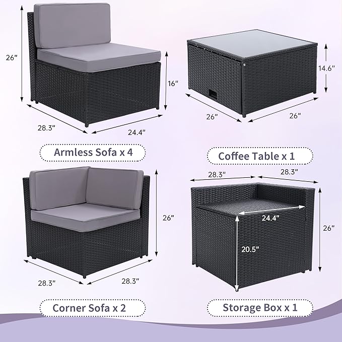 8 Pieces Outdoor Wicker Rattan Patio Furniture Sectional Set, Glass Top Table with Hidden Storage, 7 Sofa Sections, Oversized Cushions, Black Color Rattan with Light Grey Cushion