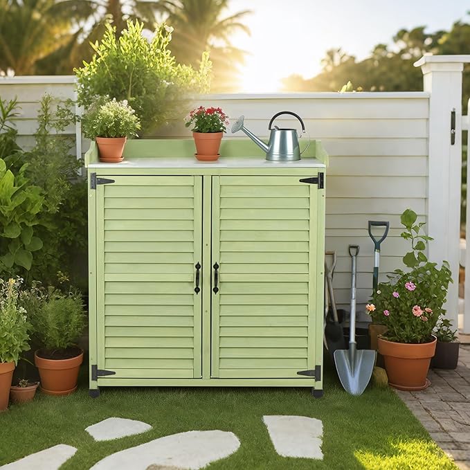 Outdoor Potting Bench with Metal Work Top,Waterproof Garden Storage Cabinet,Wooden Tool Station Shed for Backyard,Patio,Lawn Gardening