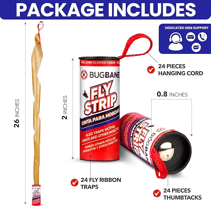 Fly Strips Indoor Sticky Hanging 24pk with Pins. Non Toxic Outdoor Fly Trap Indoor for Home. Flies Tape Paper Trap Ribbon Roll for House Gnat Fruit and Housefly. Bug Catchers for Inside Home Flypaper