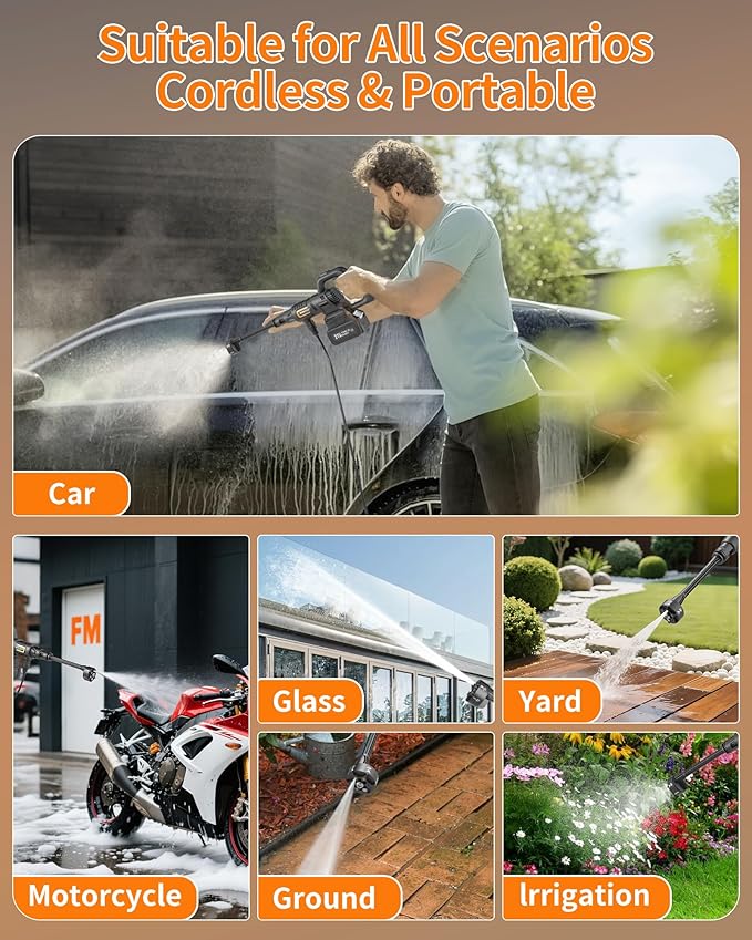 Cordless Pressure Washer Battery Powered; 1200PSI Cordless Power Washer with Brushless Motor, 4.0Ah Battery,6-in-1 Nozzle, 3 Power Level; Handheld Portable Pressure Washer Cordless (5022-BK3)