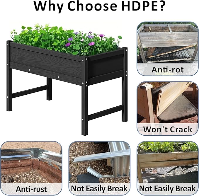 Raised Garden Bed Outdoor with Legs,HDPE Elevated Planter Box Rot-Resistant and Non-Cracking,Raised Beds for Gardening for Backyard, Patio, Balcony, 300lb Capacity Black
