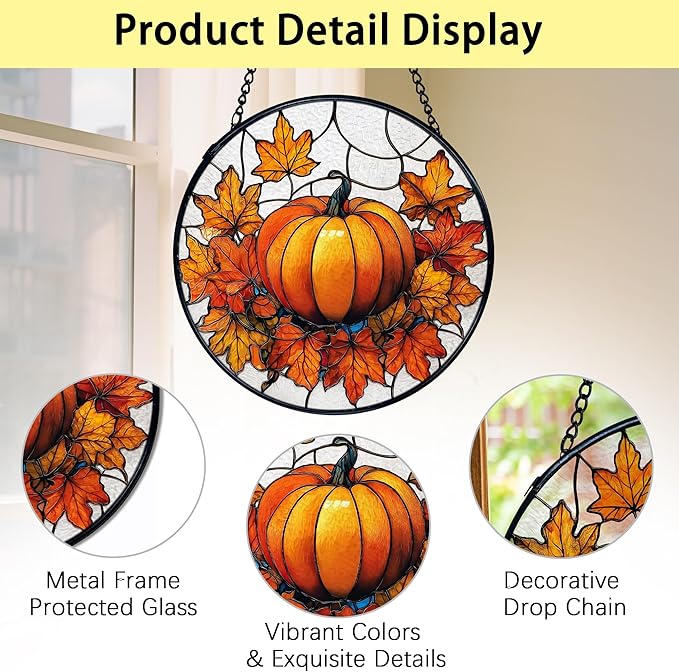 TNUW Fall Pumpkin Stained Glass Window Hanging, Farmhouse Autumn Pumpkin Maple Leaf Sun Catchers Indoor Window Glass Round Wall Art Decor, Rustic Fall Wall Hanging Decorations, 7.9"x7.9"